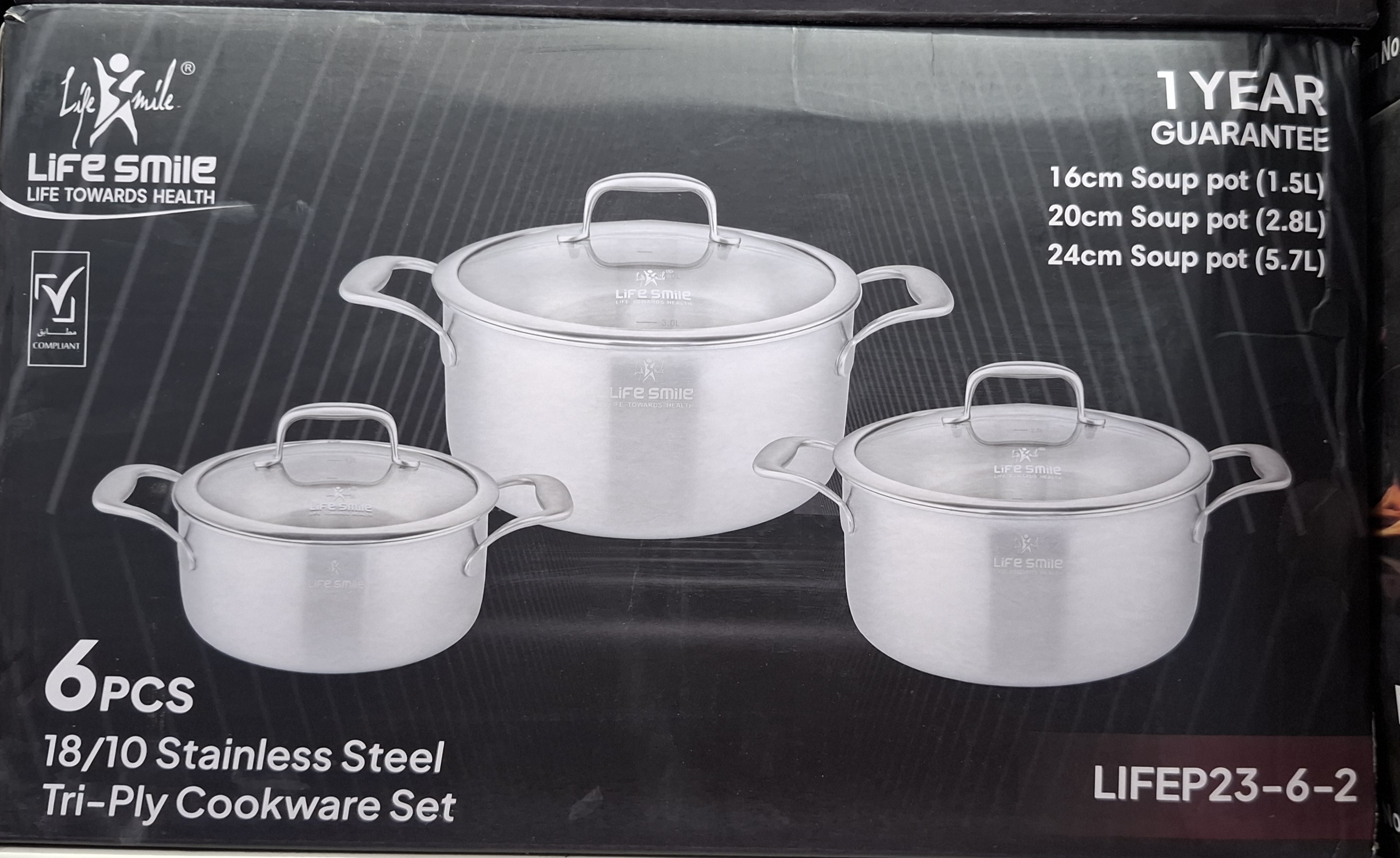 ست قابلمه استیل لایف اسمایل 6 پارچ کد LIFEp23_6_2,سایز 16_۲۰_۲۴