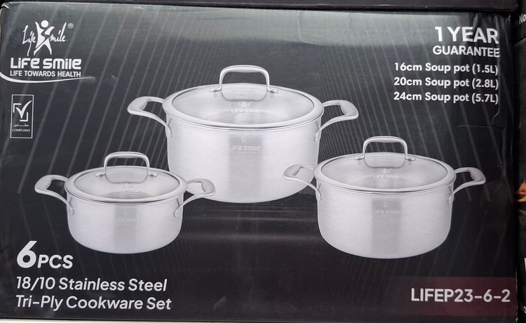 ست قابلمه استیل لایف اسمایل 6 پارچ کد LIFEp23_6_2,سایز 16_۲۰_۲۴