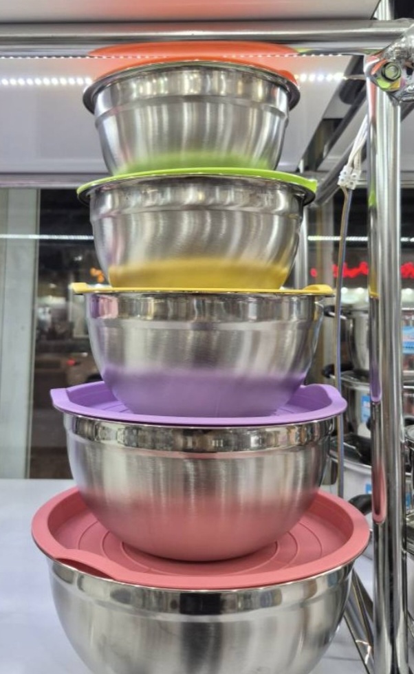 ست لگن استیل درب رنگی پنج تکه yyi مدل SALADBOWL